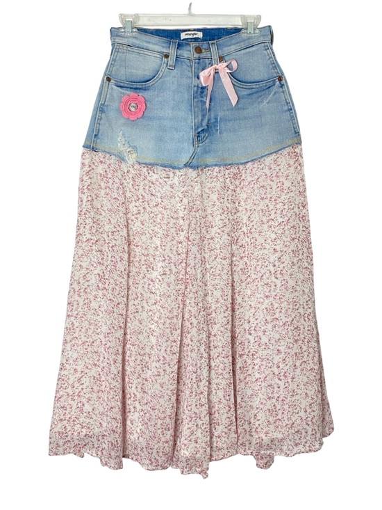 Wrangler Dresses & Skirts - Wrangler Denim Jean Skirt Womens Size XS Handmade Upcycled OOAK Floral Waist 26